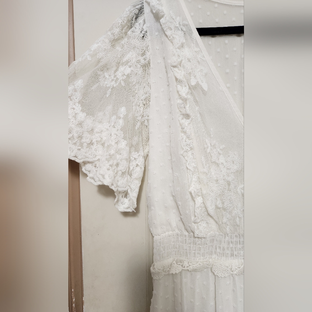 V Neck Button Down Floral Lace Maxi Dress Casual Short Sleeve Boho Flowy…